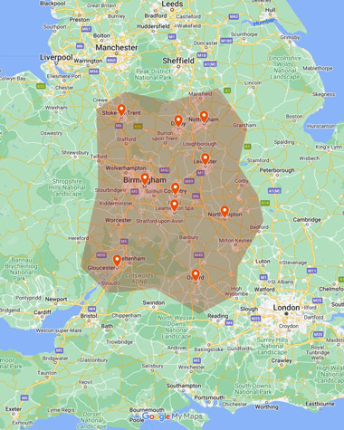 Map of where Property Perfection Warwickshire serves